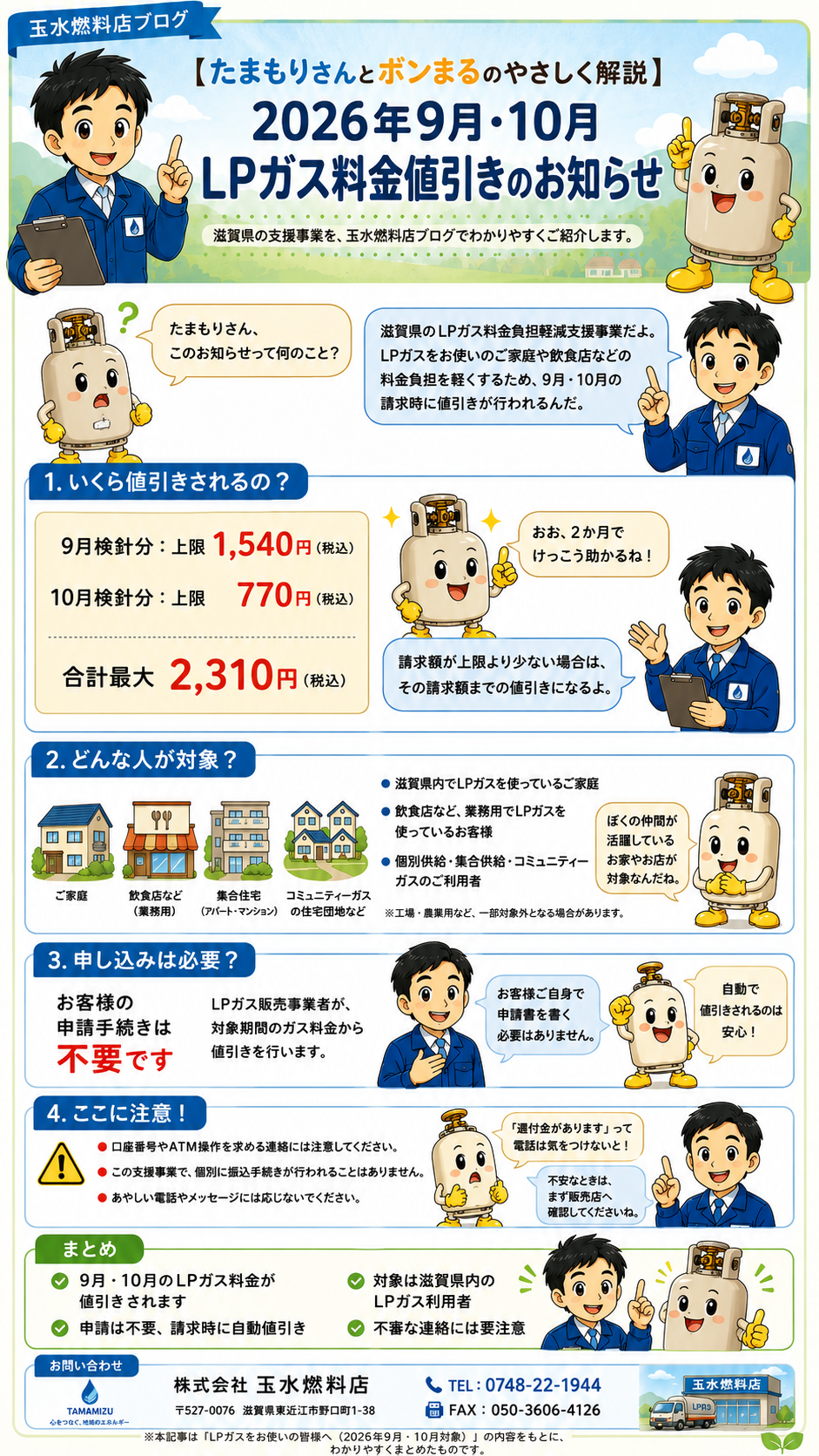 たまもりさんとボンまるが解説する、2026年9月・10月のLPガス料金値引きのお知らせ